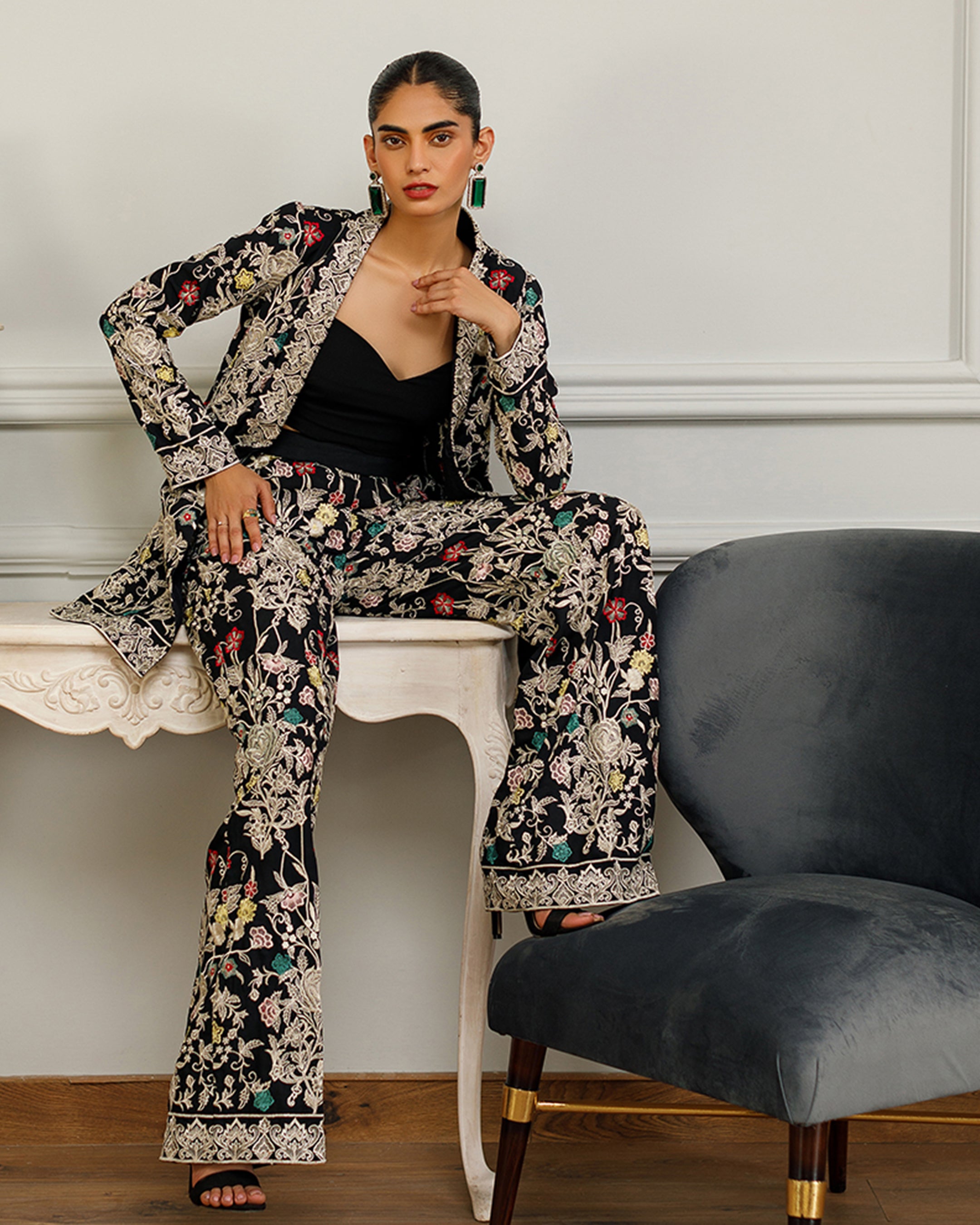 Unstitched Chiffon Embroidered Jacket With Trouser