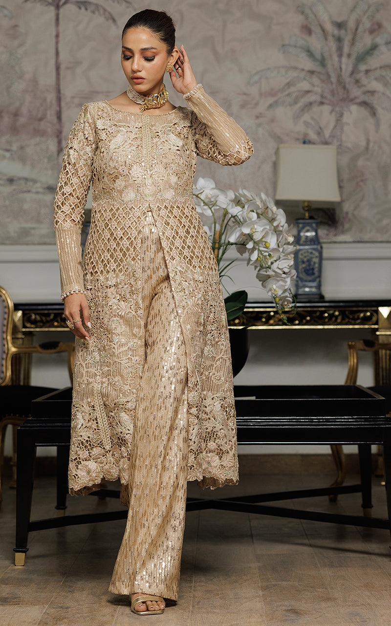 Unstitched Elegant Champagne Gold Festive Ensemble