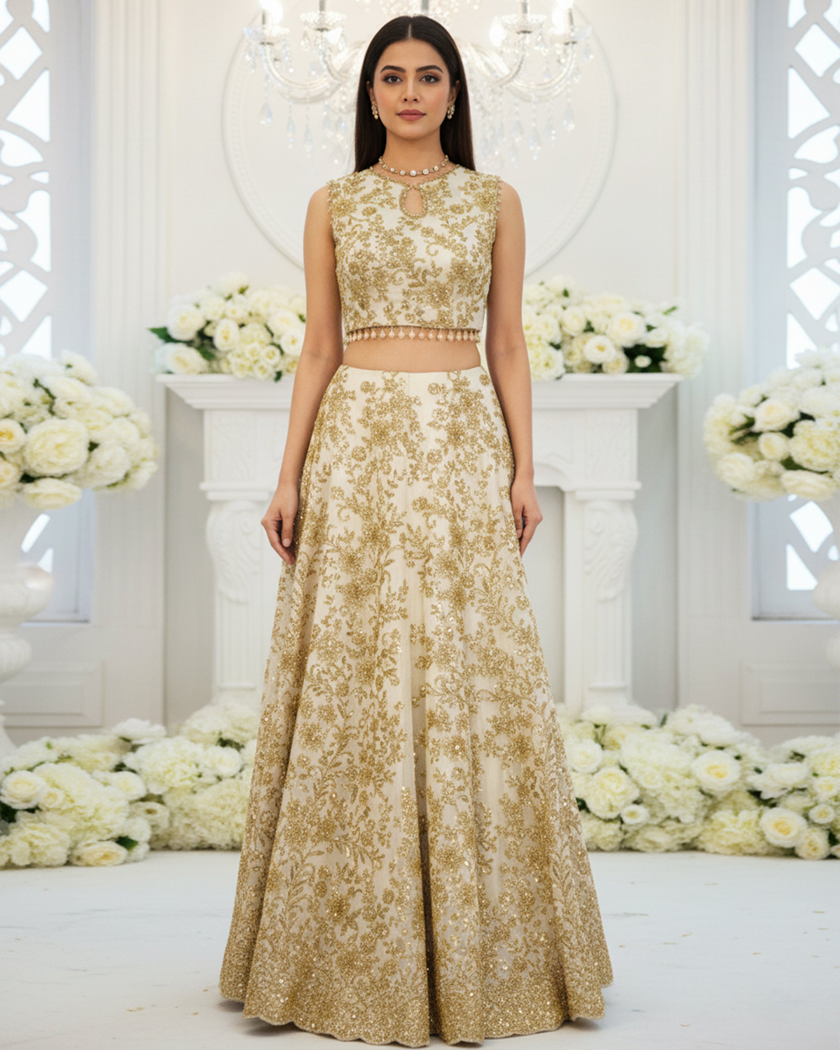 Net Embroidered Blouse With Lehenga