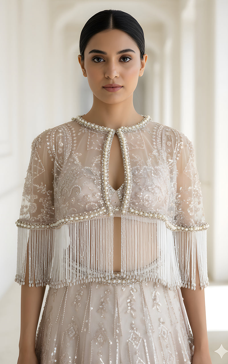 Net Embroidered Blouse With Cape And Lehenga