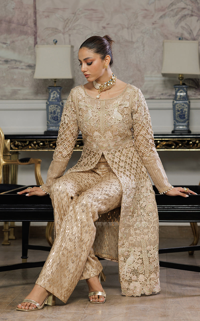 Unstitched Elegant Champagne Gold Festive Ensemble