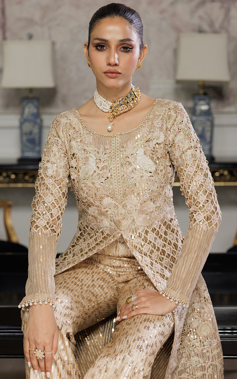 Unstitched Elegant Champagne Gold Festive Ensemble