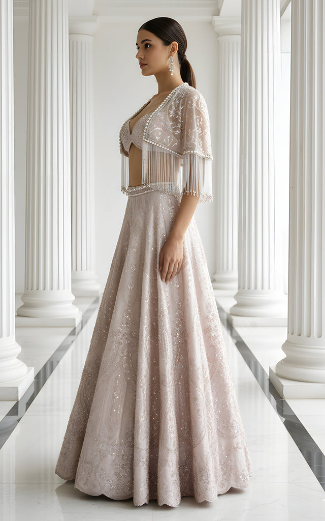 Net Embroidered Blouse With Cape And Lehenga