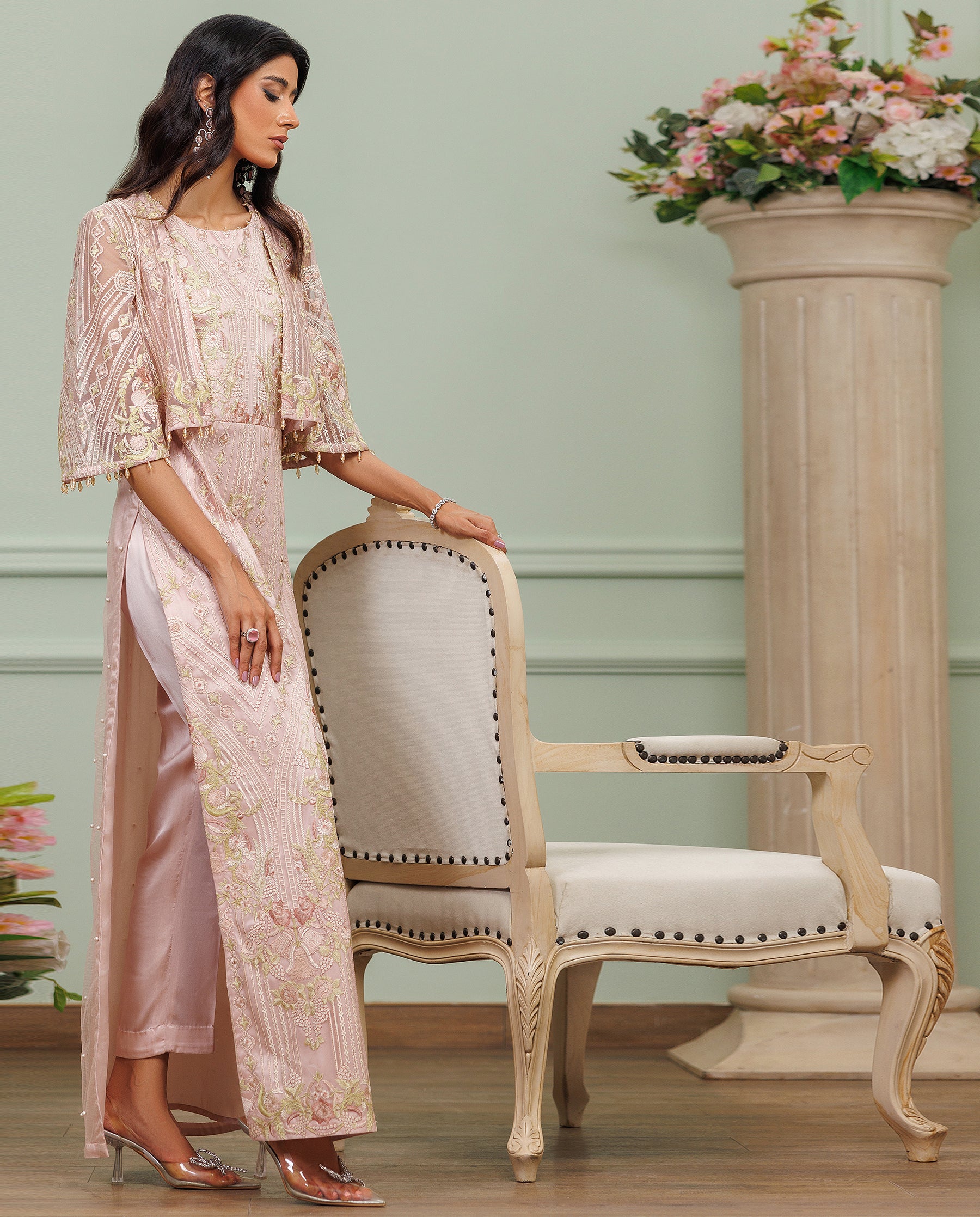 Unstitched Dusty Mauve Embroidered Net Ensemble
