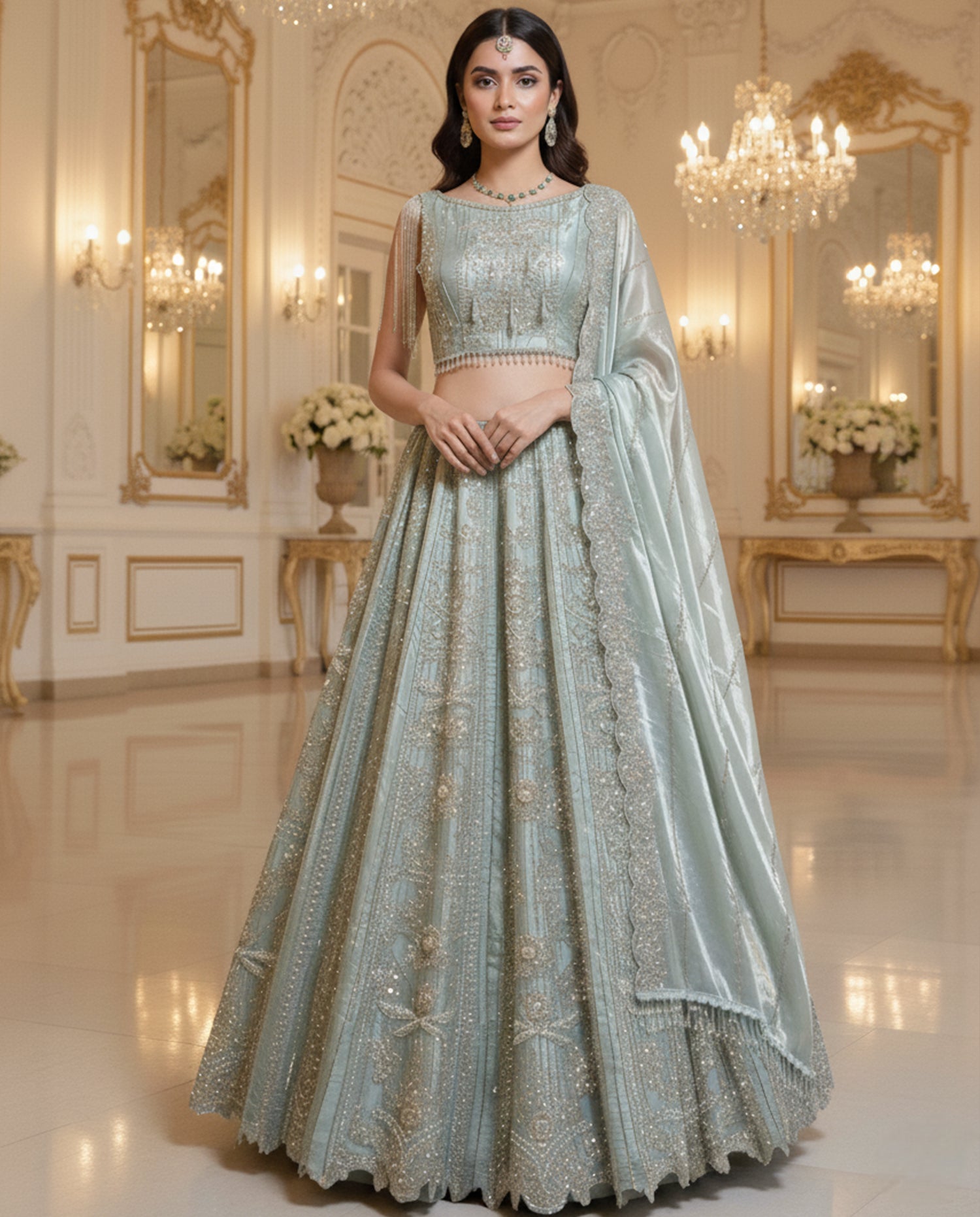 Embroidered Blouse With Lehenga And Dupatta