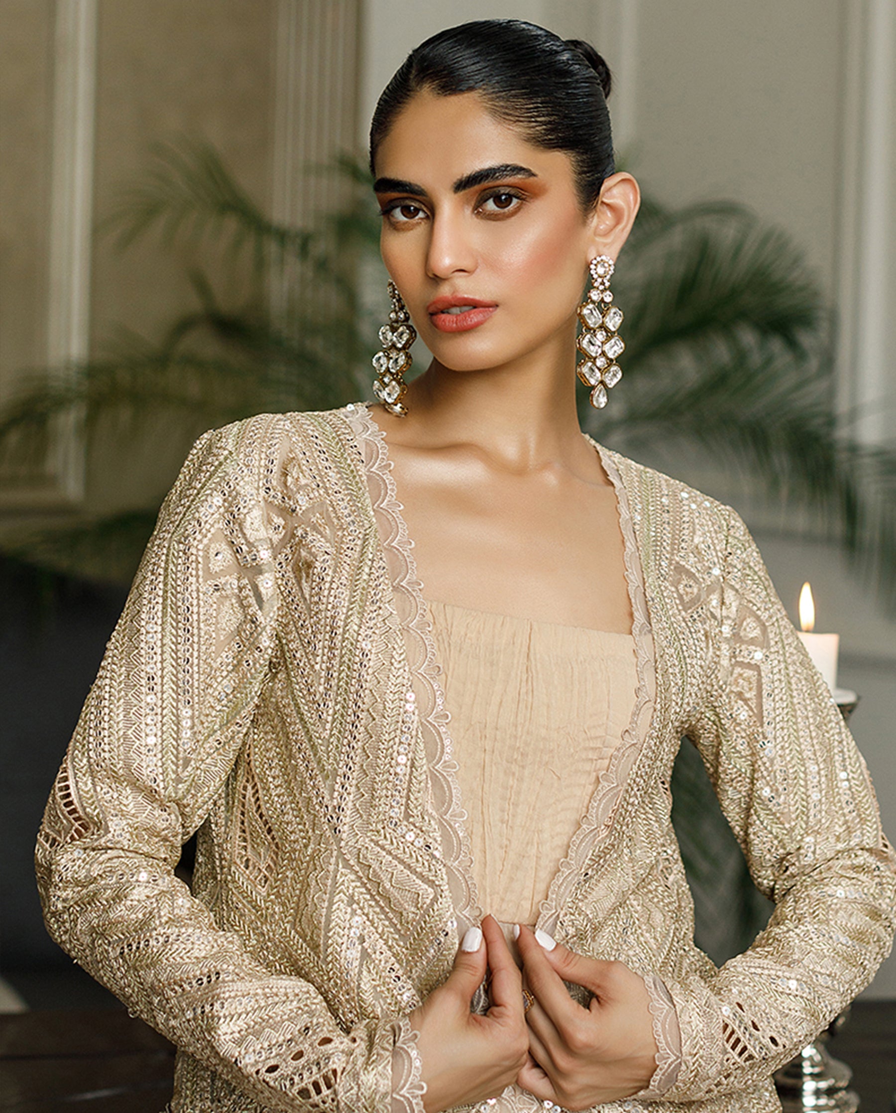 Organza Embroidered Jacket With Maxi