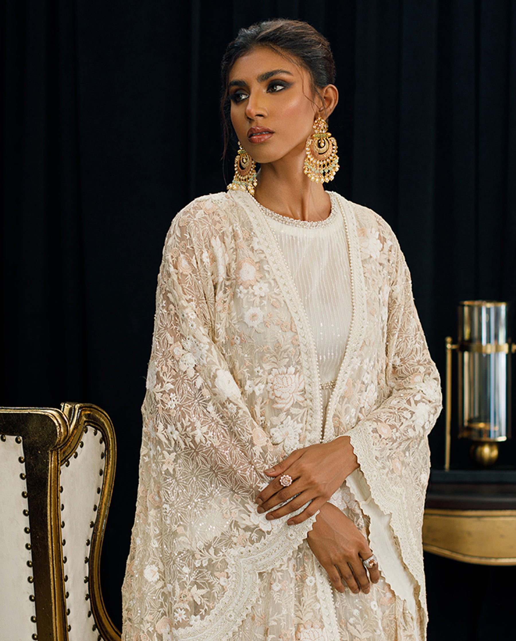 Organza Embroidered Cape With Maxi