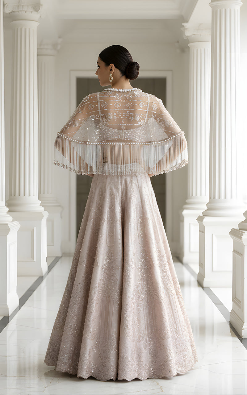 Net Embroidered Blouse With Cape And Lehenga