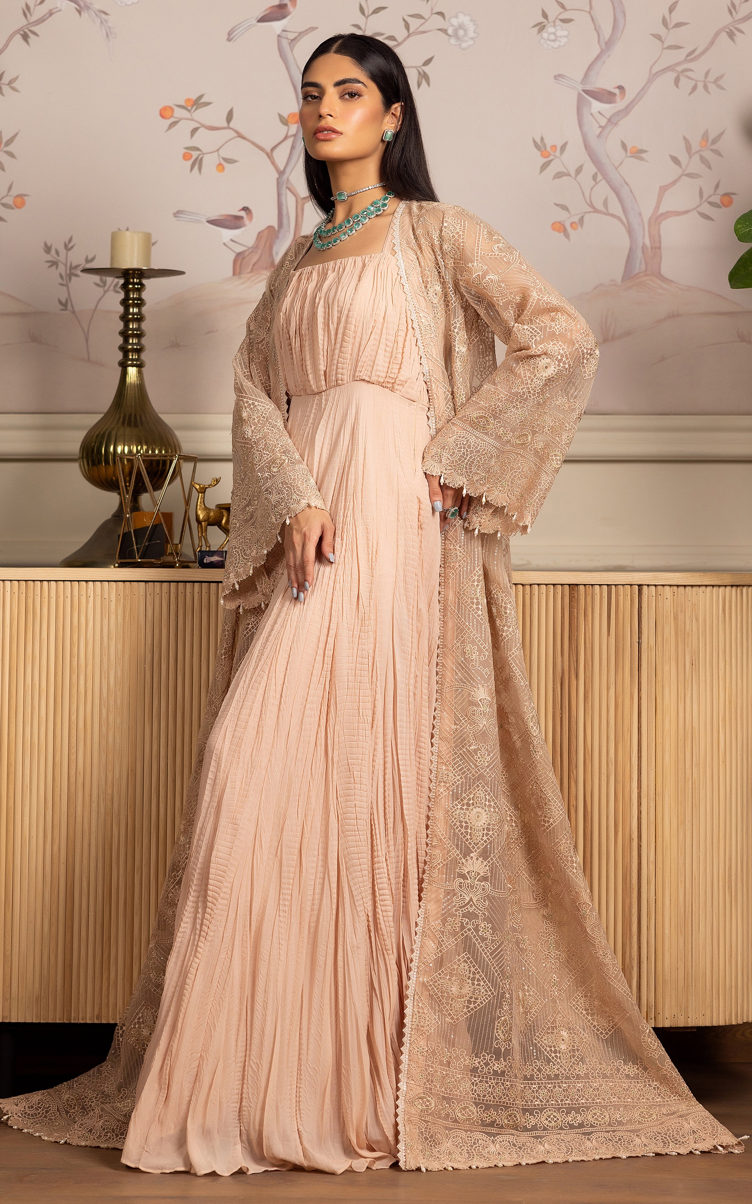 Unstitched The Peach Crushed Maxi & Jacket Set