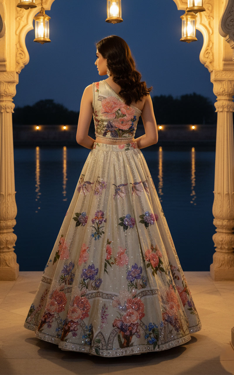 Unstitched Embellished Blouse With Printed Lehenga