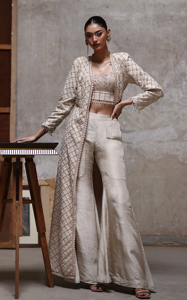 Net Embroidered Jacket With Embroidered Blouse And Trouser