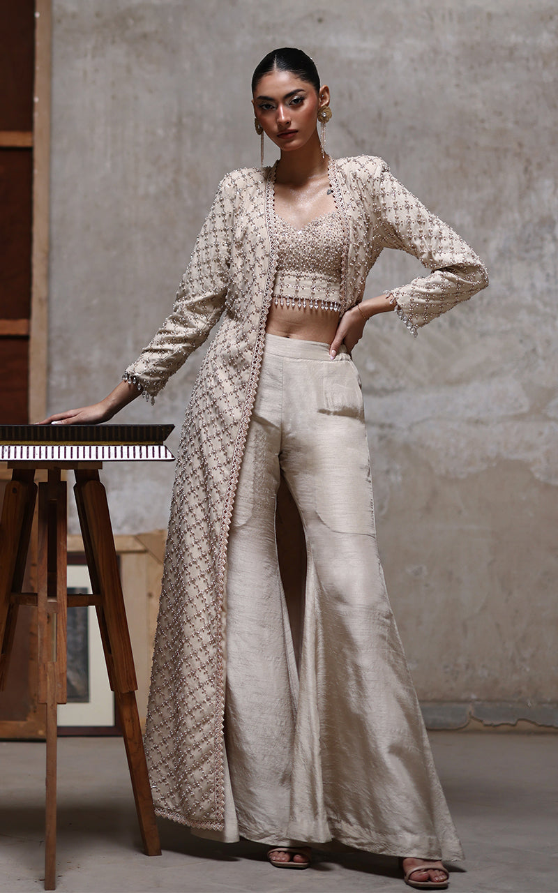 Net Embroidered Jacket With Embroidered Blouse And Trouser