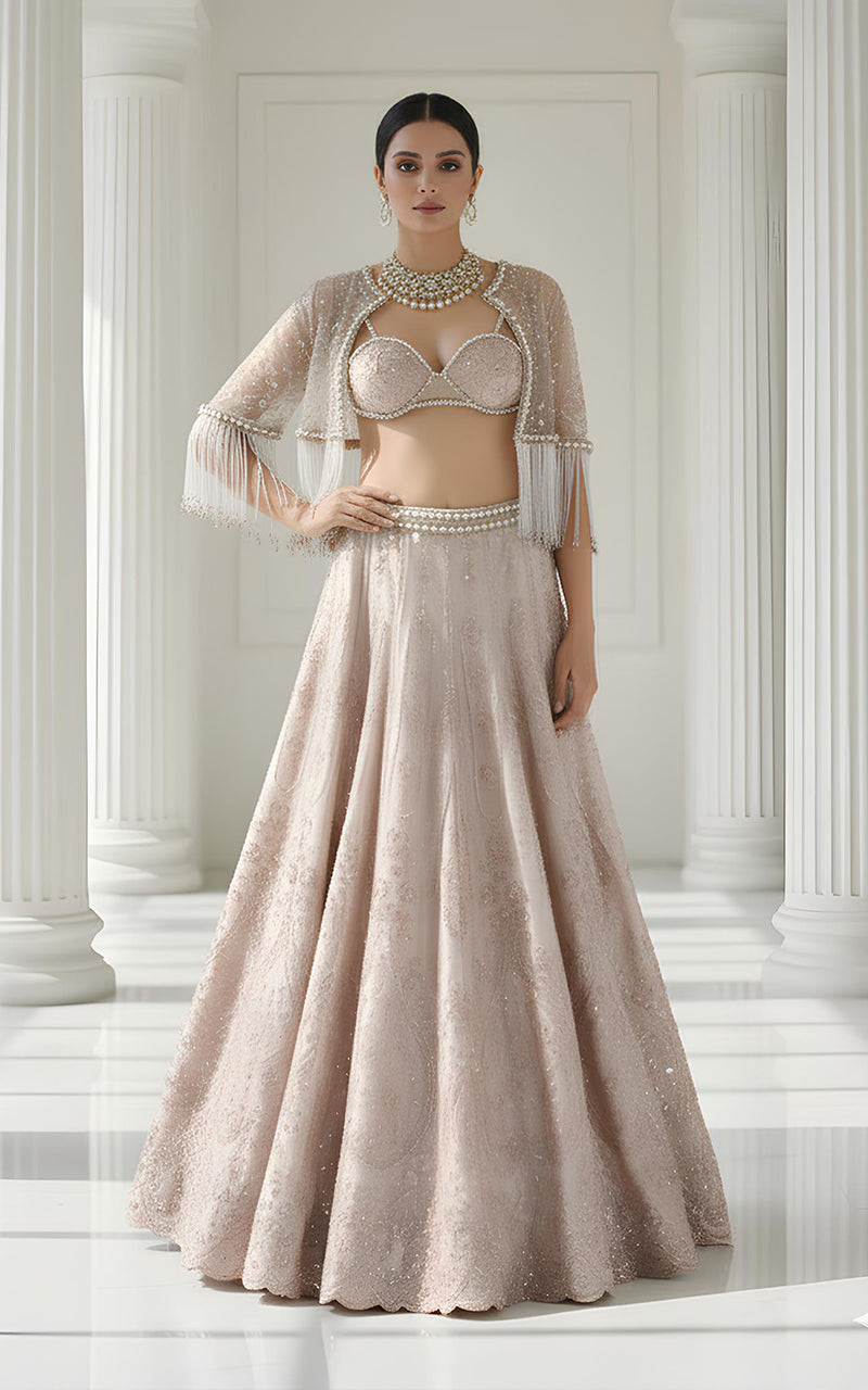 Net Embroidered Blouse With Cape And Lehenga