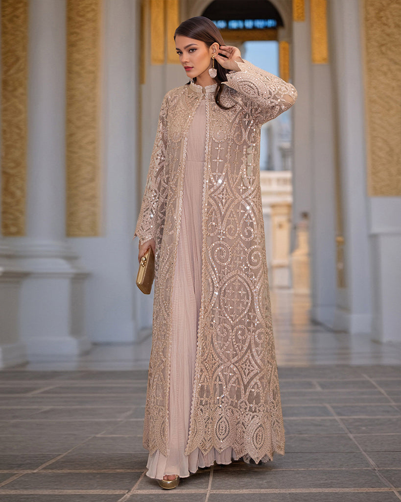 Organza Embroidered Jacket With Crushed Maxi