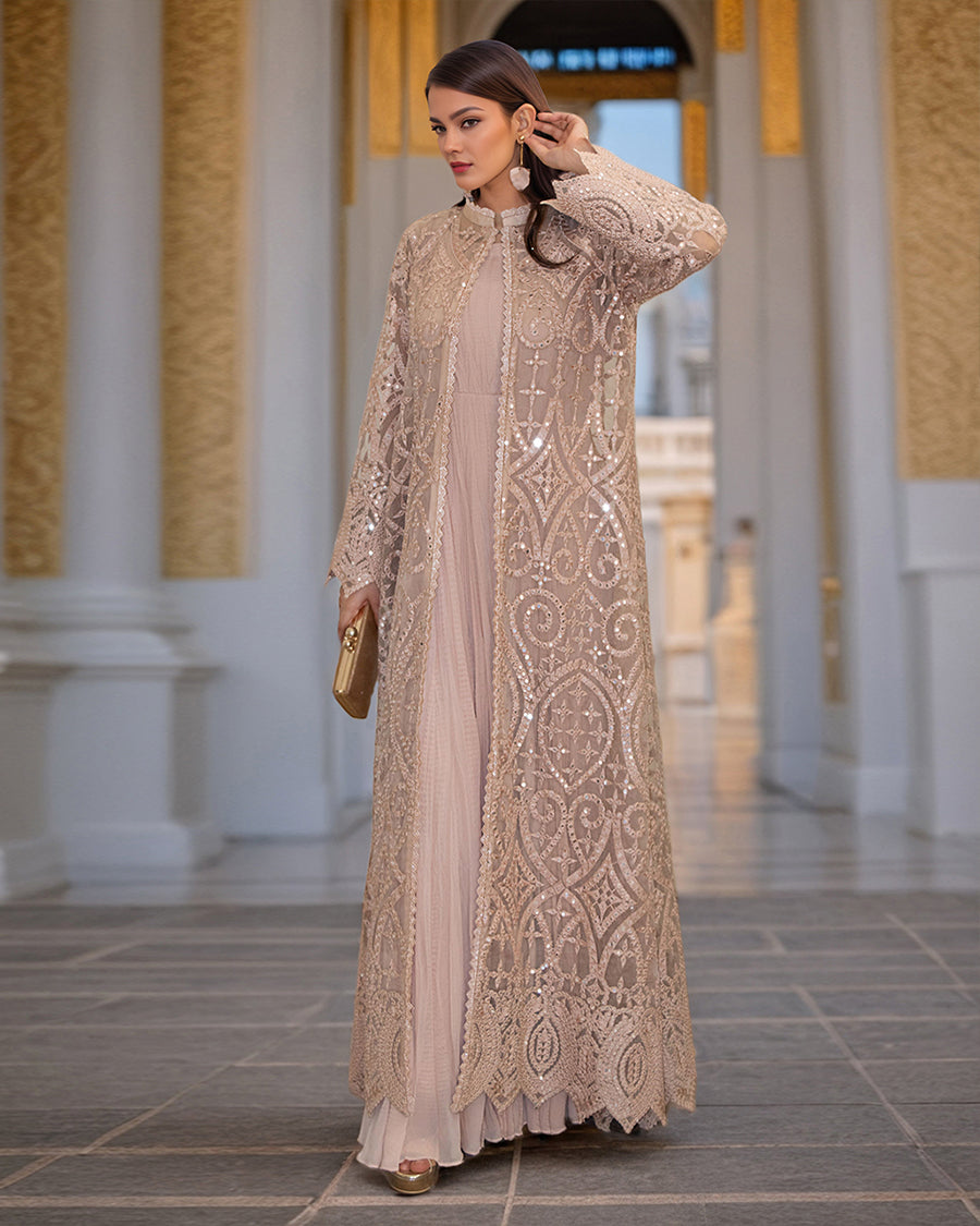Organza Embroidered Jacket With Crushed Maxi