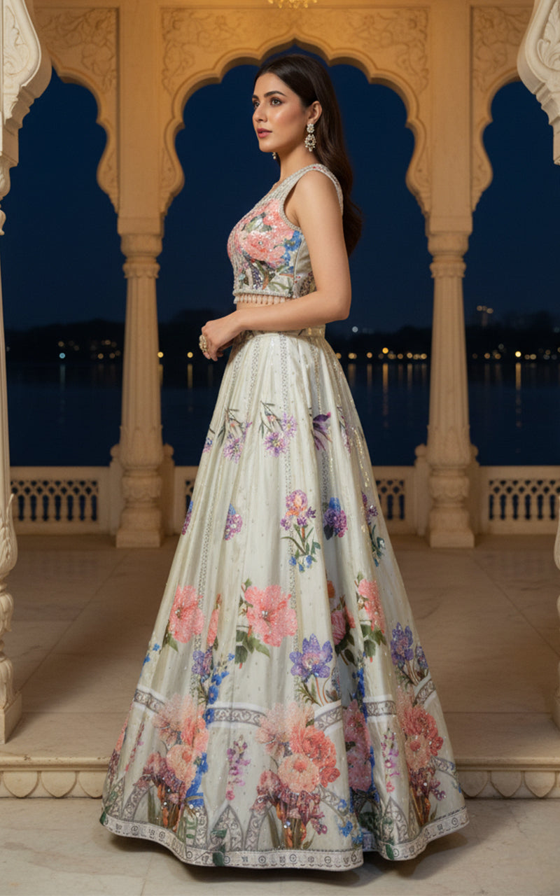 Unstitched Embellished Blouse With Printed Lehenga