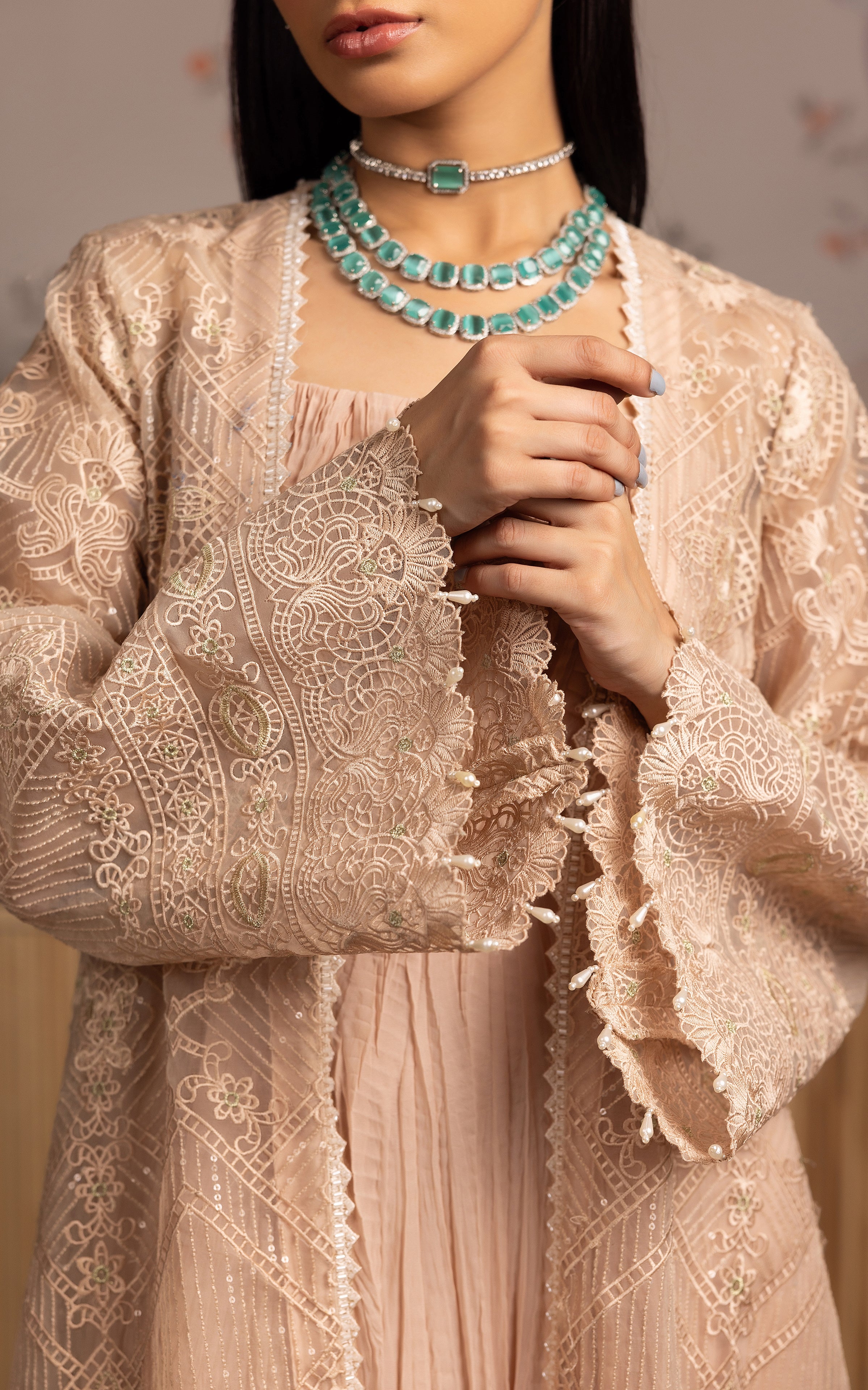 Unstitched The Peach Crushed Maxi & Jacket Set