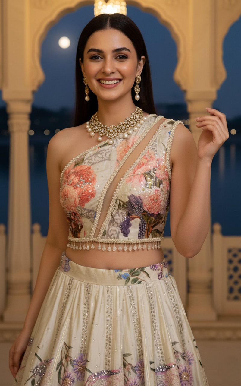 Unstitched Embellished Blouse With Printed Lehenga