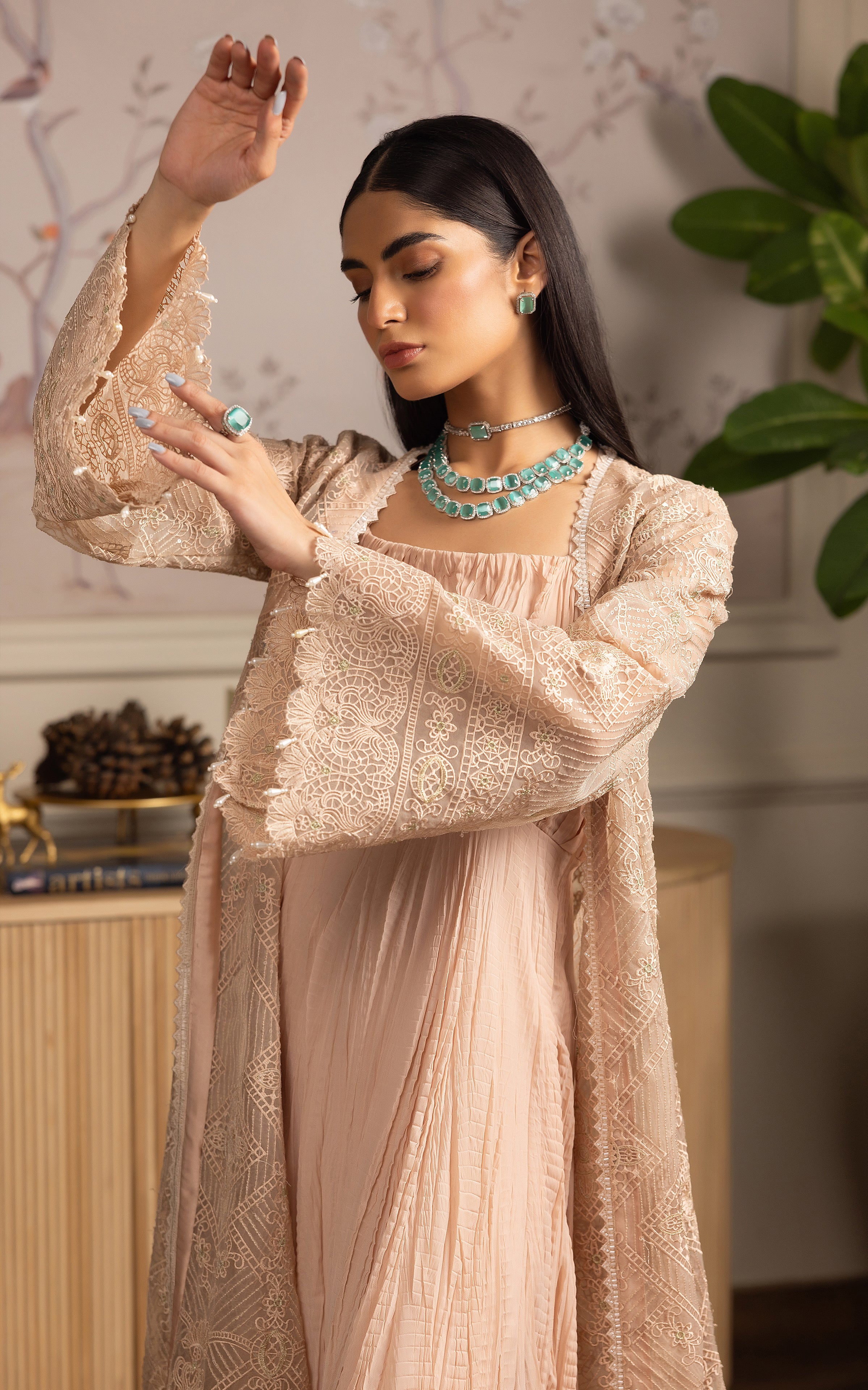 Unstitched The Peach Crushed Maxi & Jacket Set