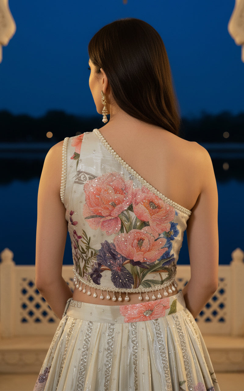 Unstitched Embellished Blouse With Printed Lehenga