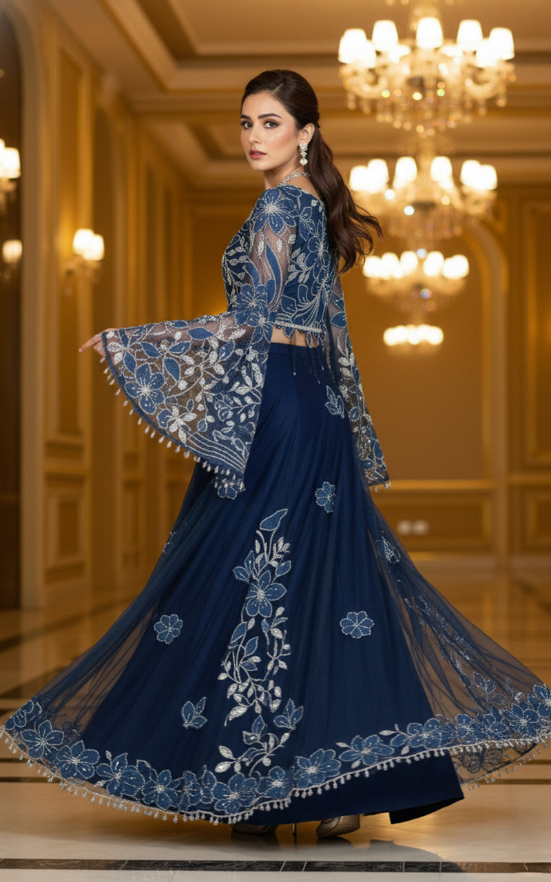 Embroidered Dress With Velvet Skirt