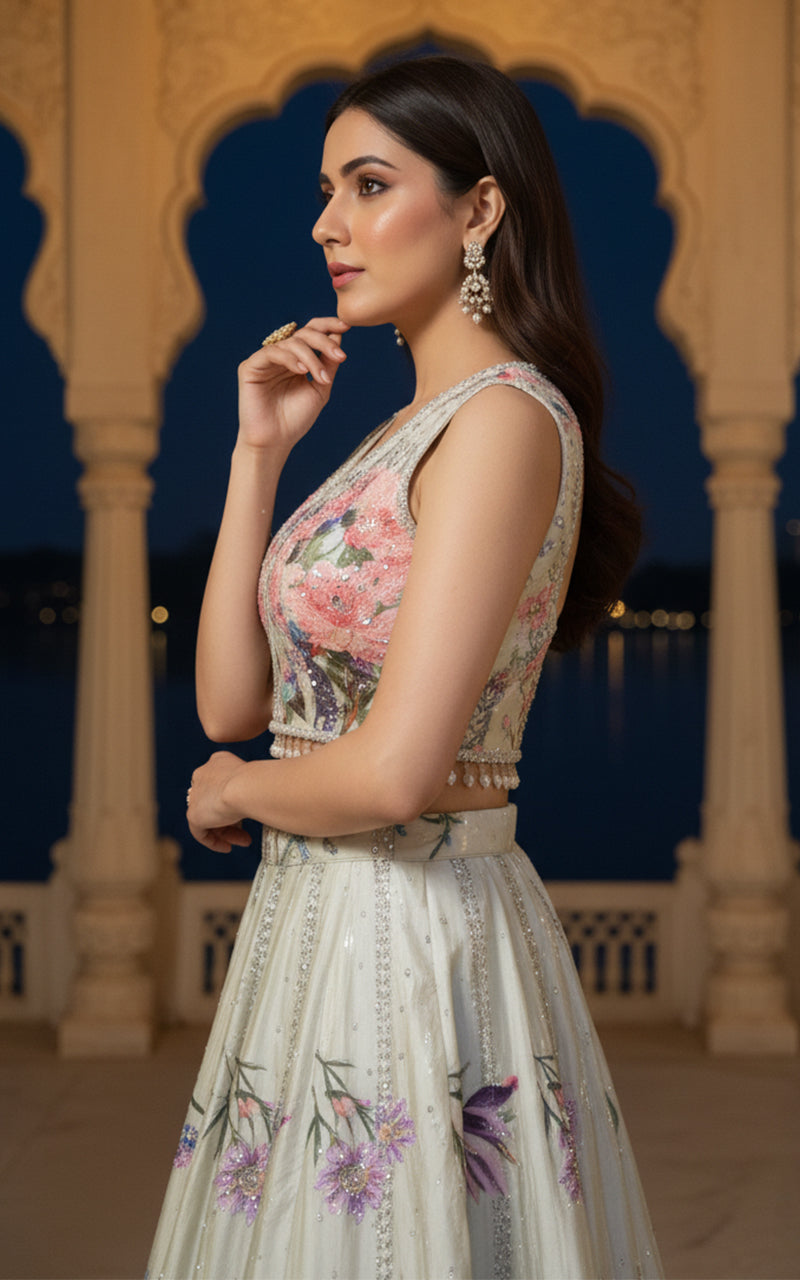 Unstitched Embellished Blouse With Printed Lehenga