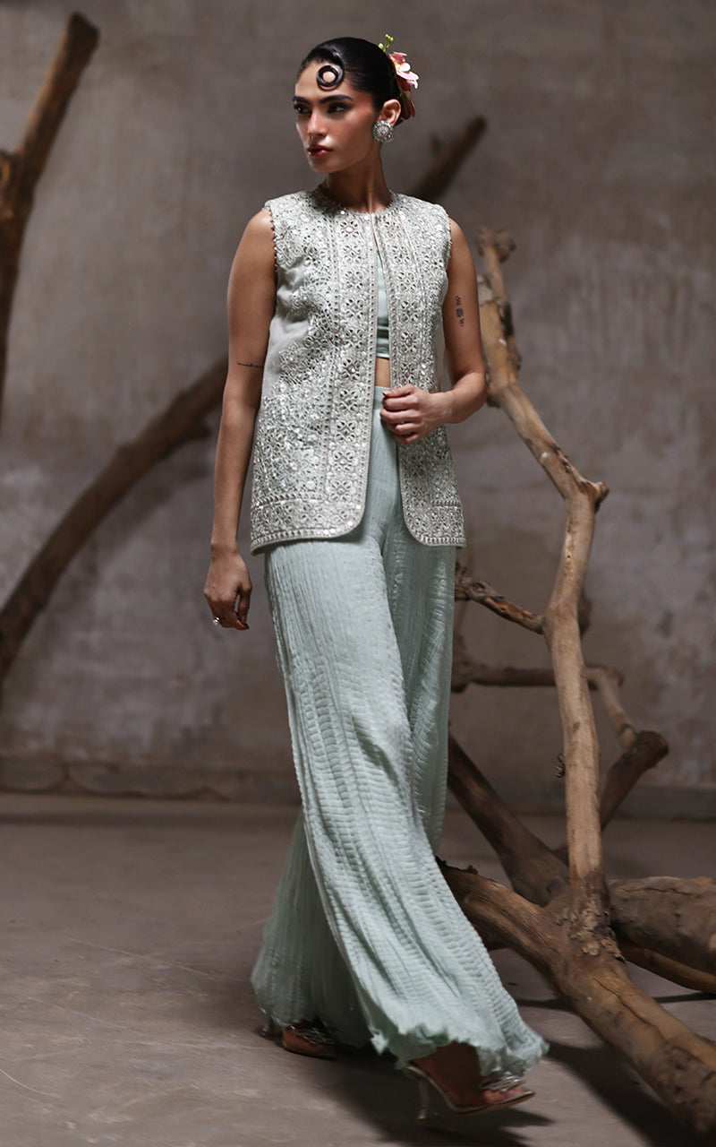 Organza Embroidered Jacket With Crushed Trouser