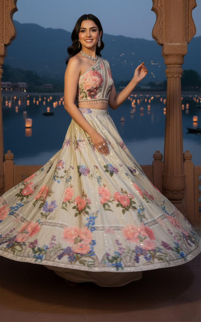 Unstitched Embellished Blouse With Printed Lehenga