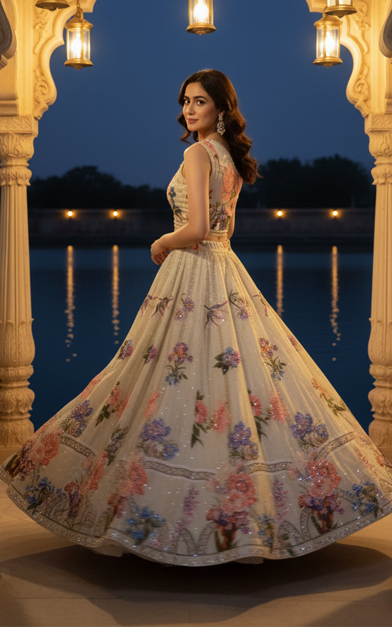 Unstitched Embellished Blouse With Printed Lehenga