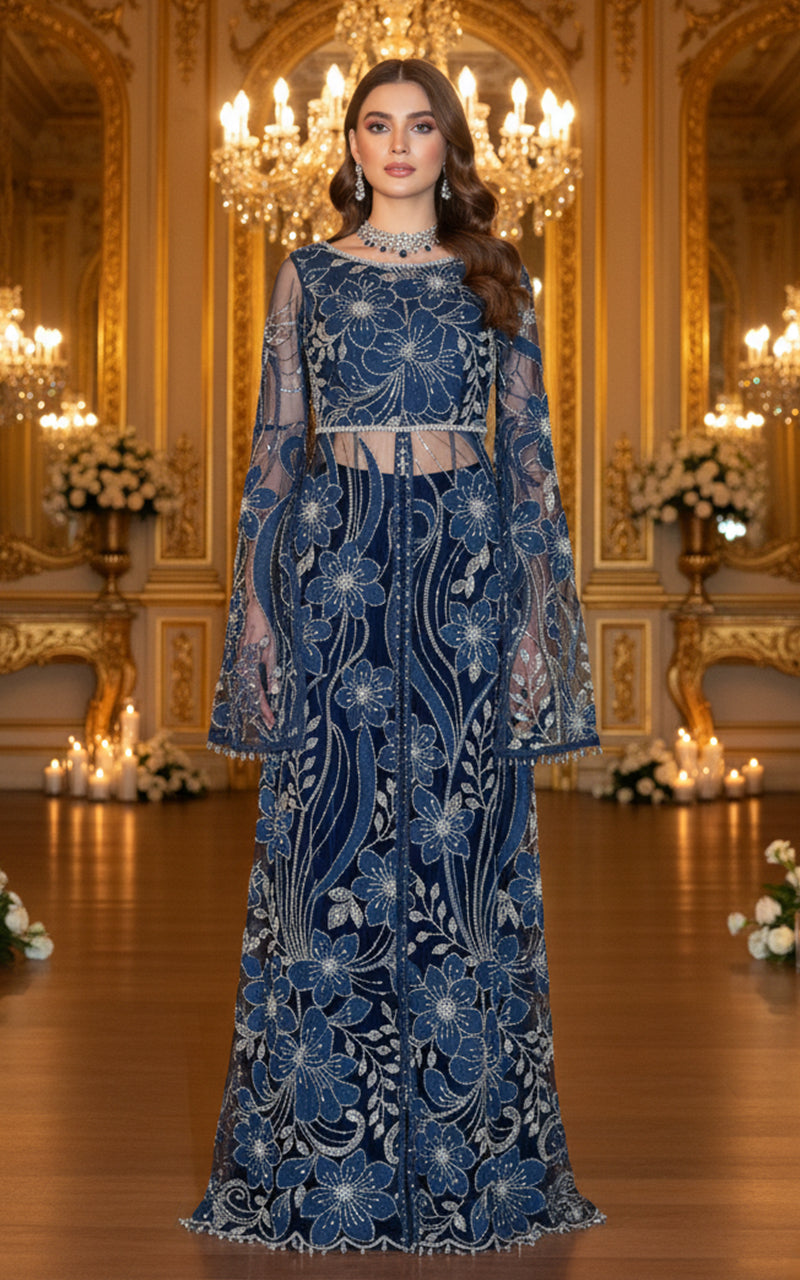 Embroidered Dress With Velvet Skirt