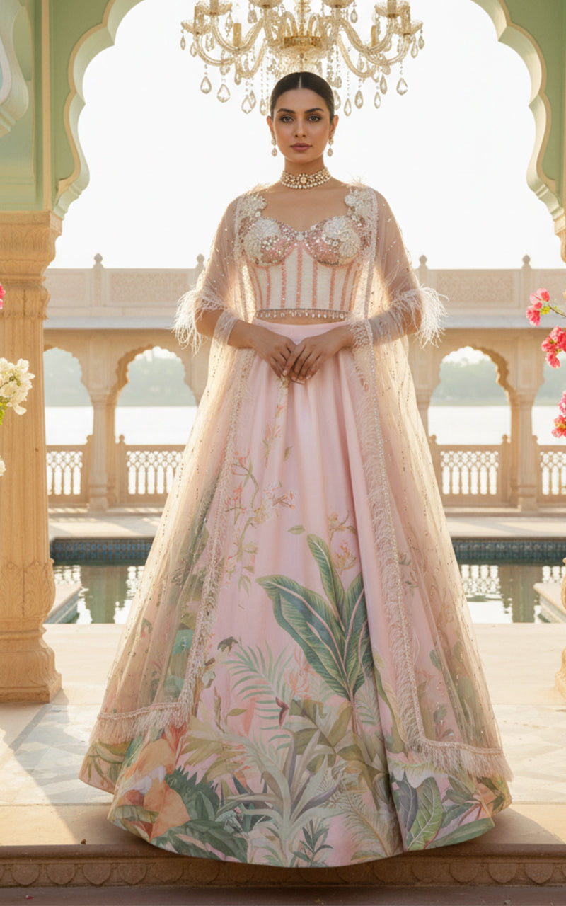 Embellished Blouse With Cape And Printed Lehenga