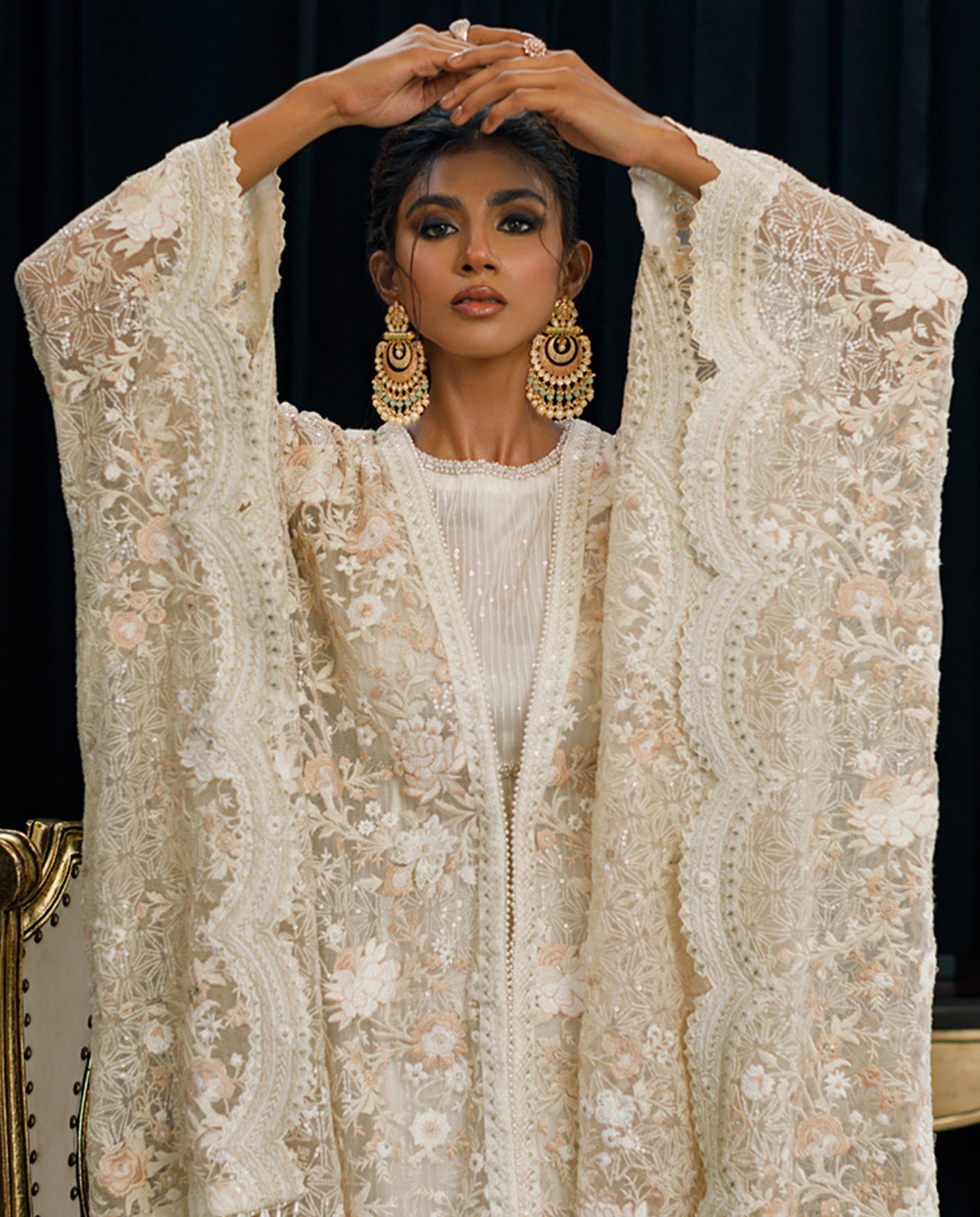 Organza Embroidered Cape With Maxi
