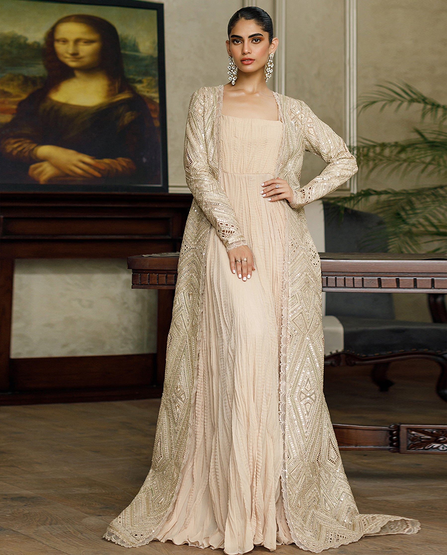 Organza Embroidered Jacket With Maxi
