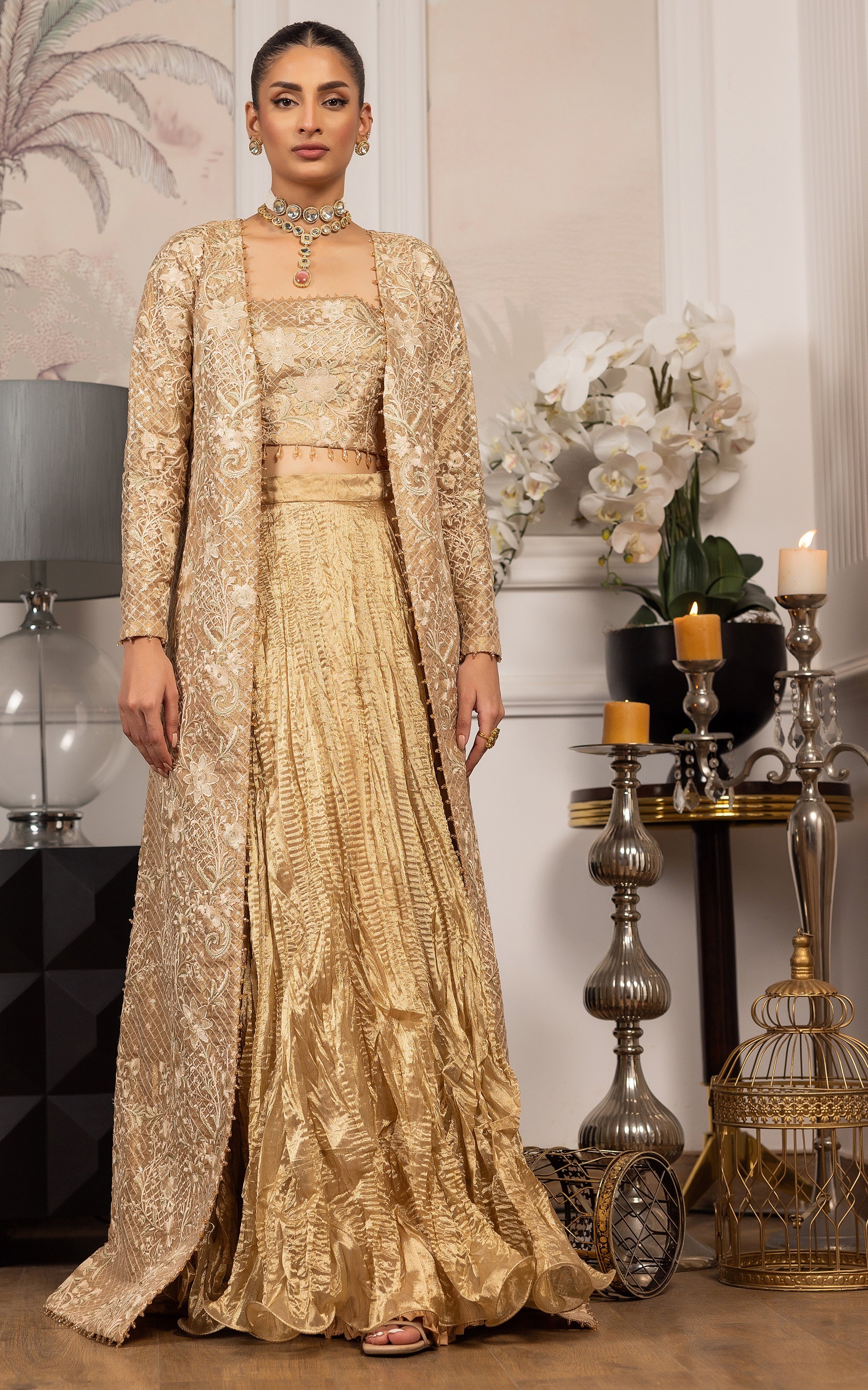 Embroidered Jacket With Embroidered Tube And Skirt