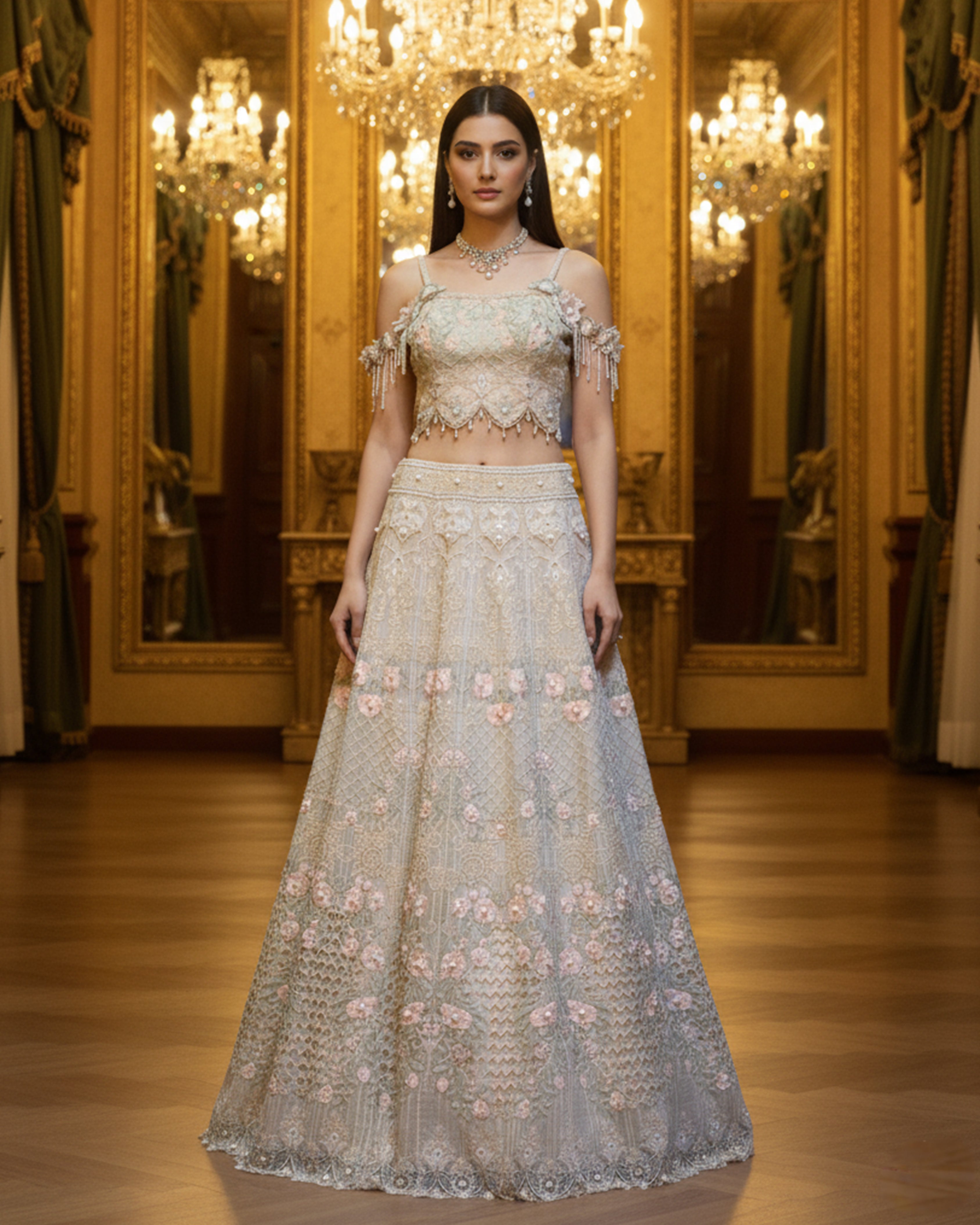 Unstitched Embroidered Blouse With Lehenga