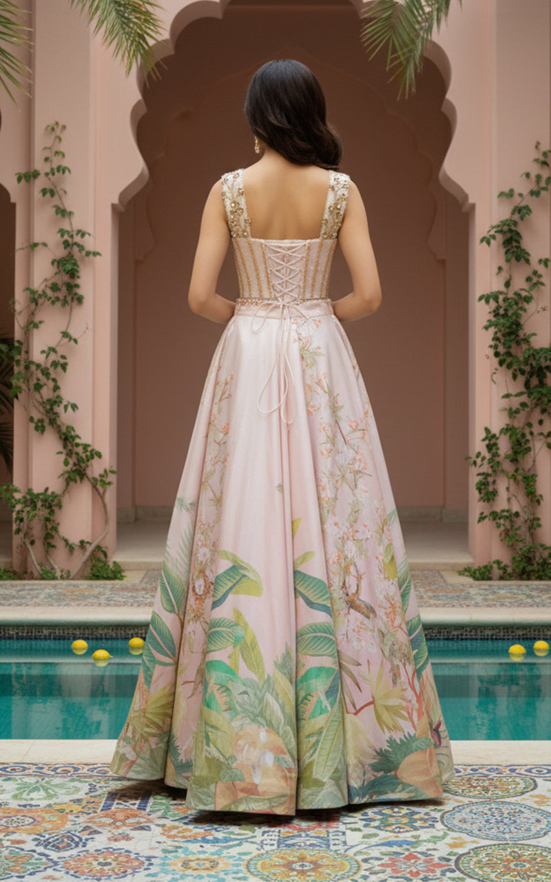 Unstitched Tropical Fantasy Bustier Lehenga Set