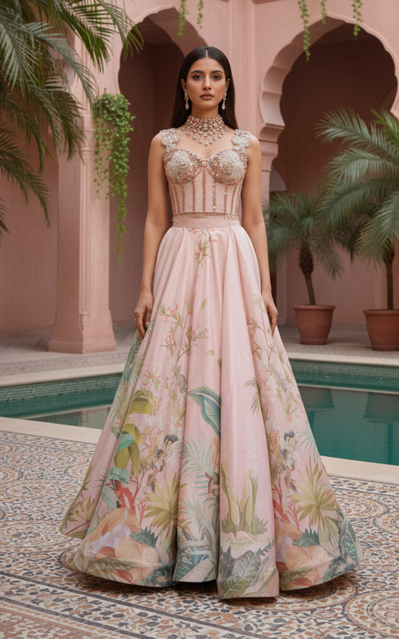 Unstitched Tropical Fantasy Bustier Lehenga Set