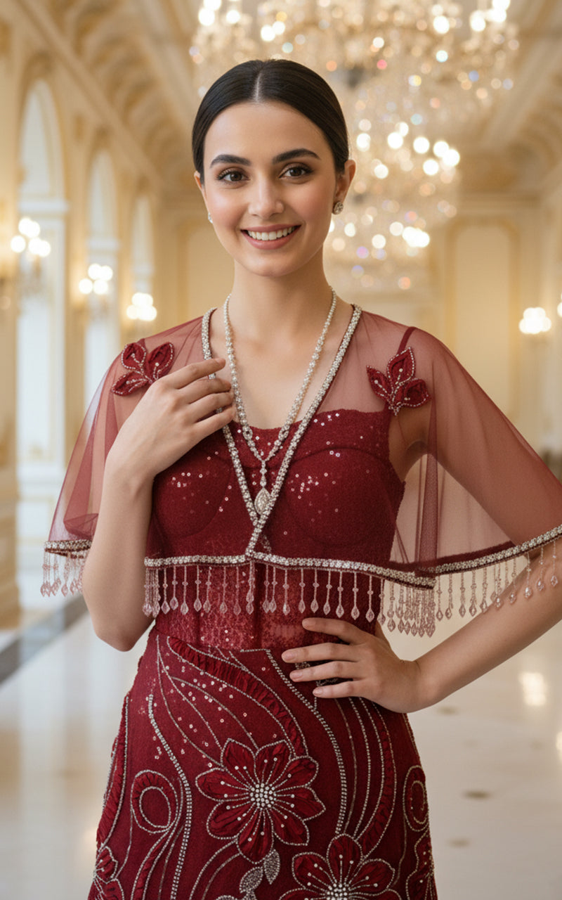 Net Embroidered Cape With Maxi