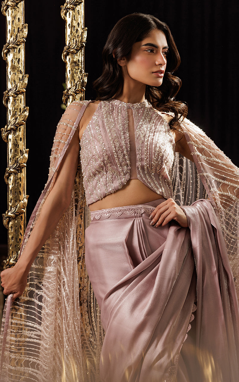 Net Embroidered Cape With Blouse And Skirt Saree