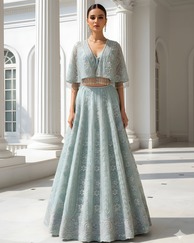 Net Embroidered Blouse With Cape And Lehenga
