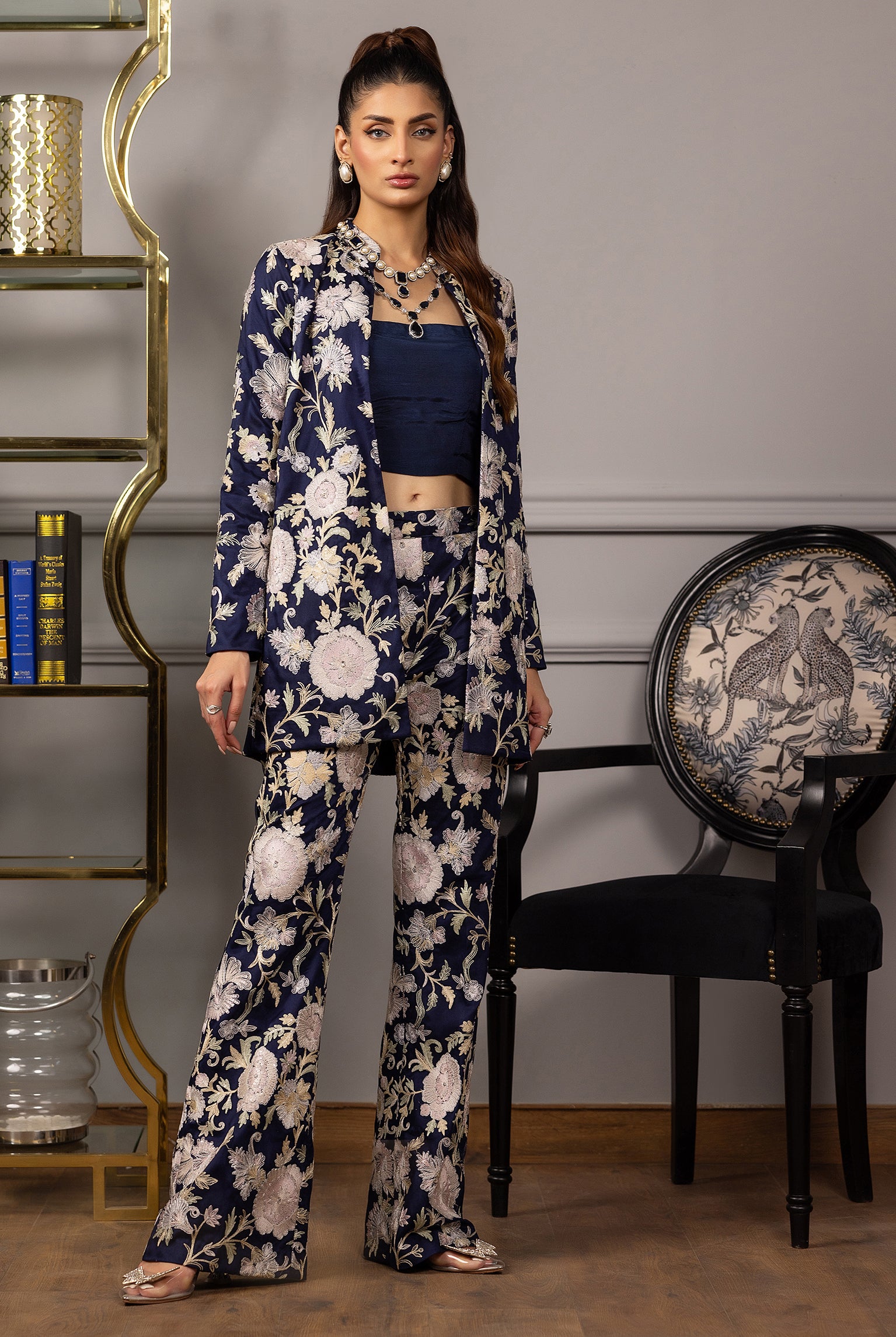 Unstitched Net Embroidered Jacket With Trouser