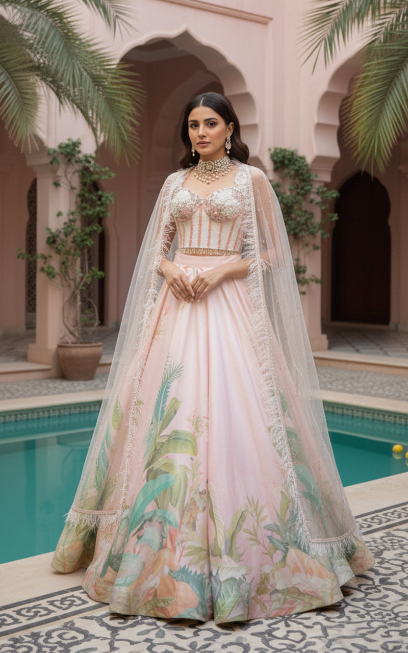 Embellished Blouse With Cape And Printed Lehenga