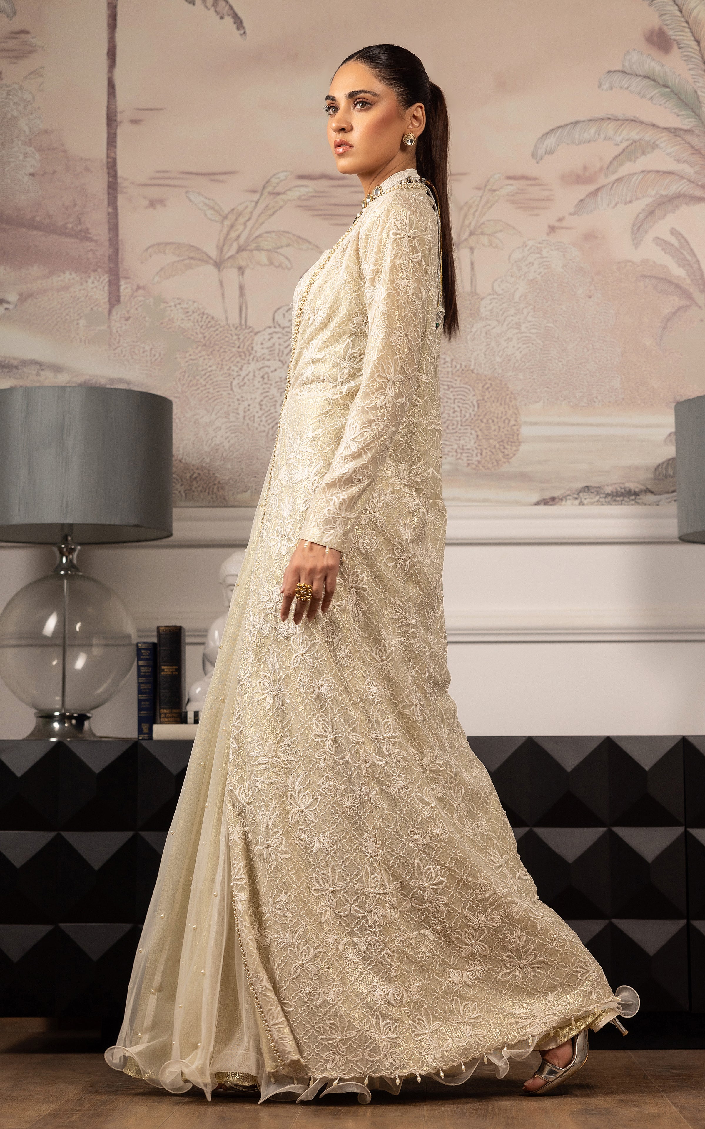 Net Embroidered Jacket With Blouse And Skirt