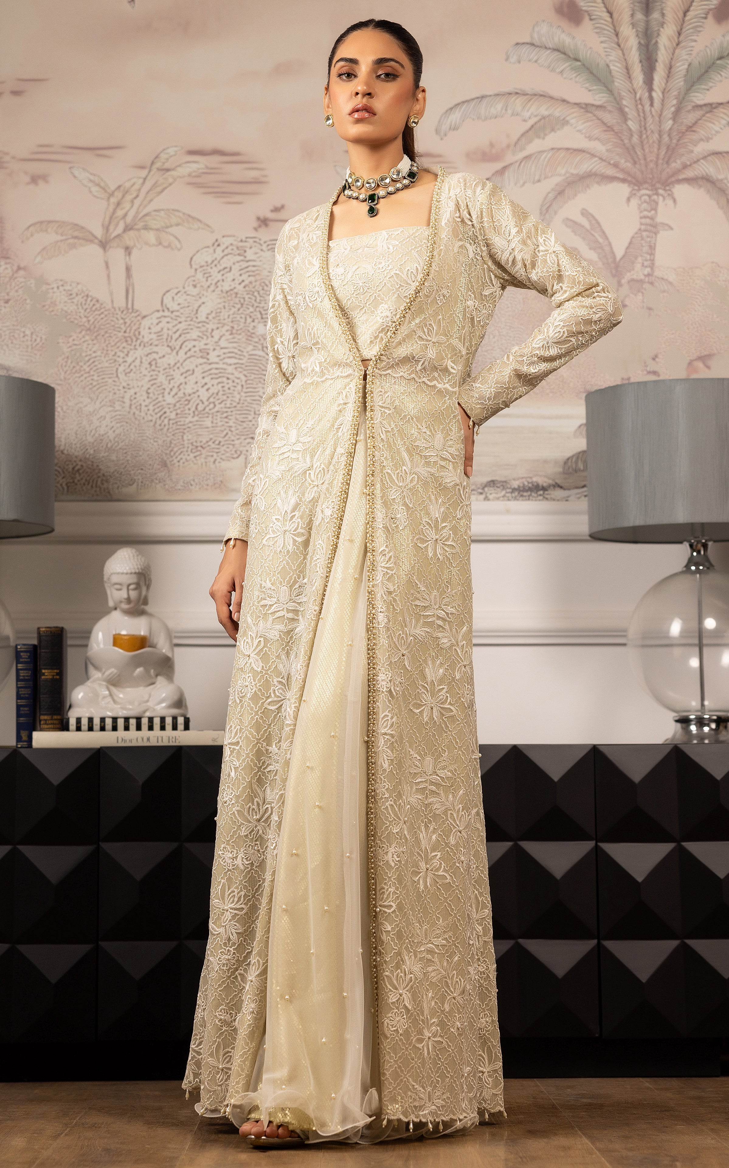 Net Embroidered Jacket With Blouse And Skirt