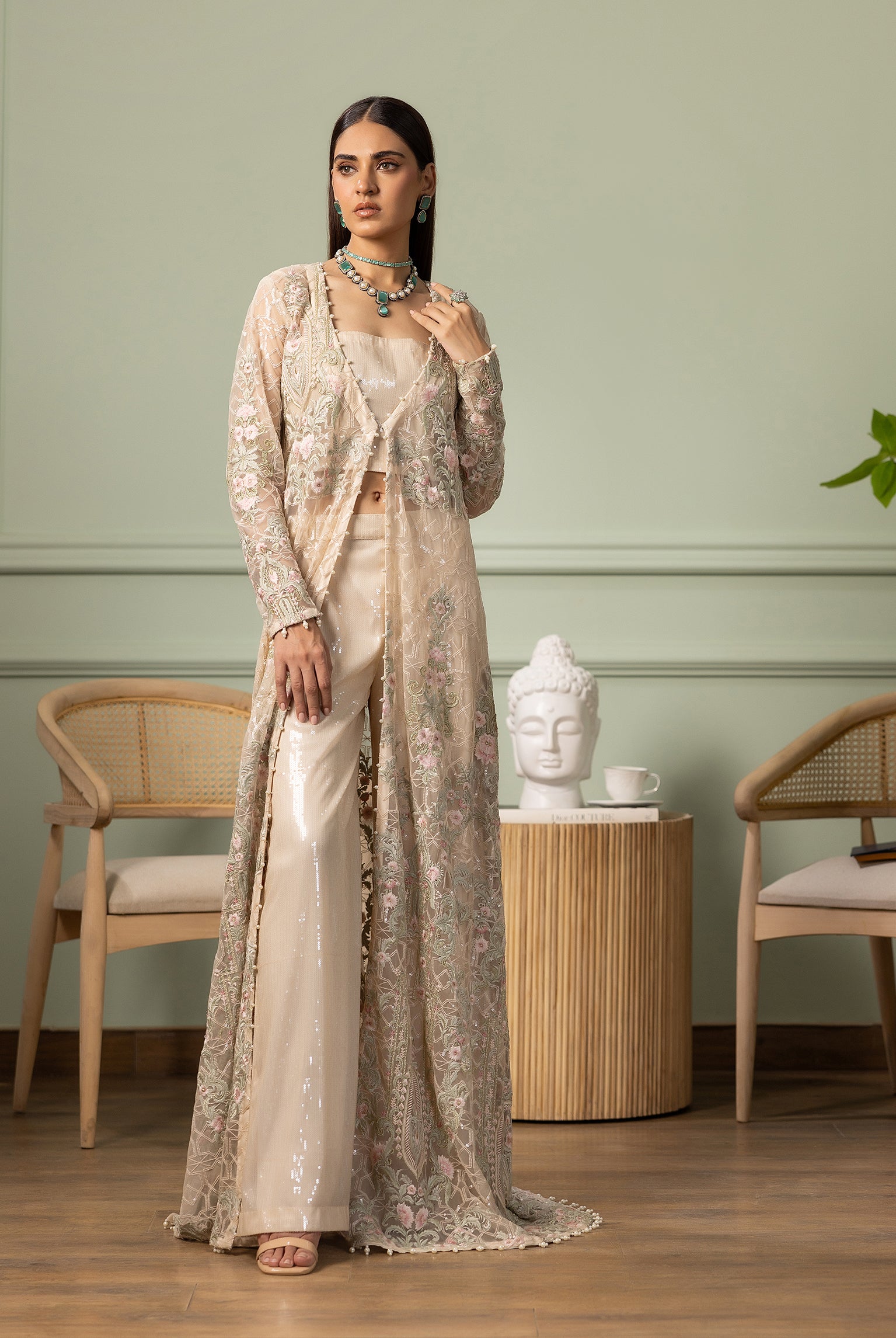 Unstitched The Ivory Flora Long Jacket Set