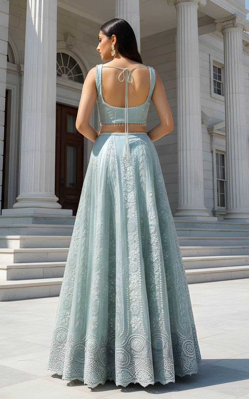 Net Embroidered Blouse With Cape And Lehenga