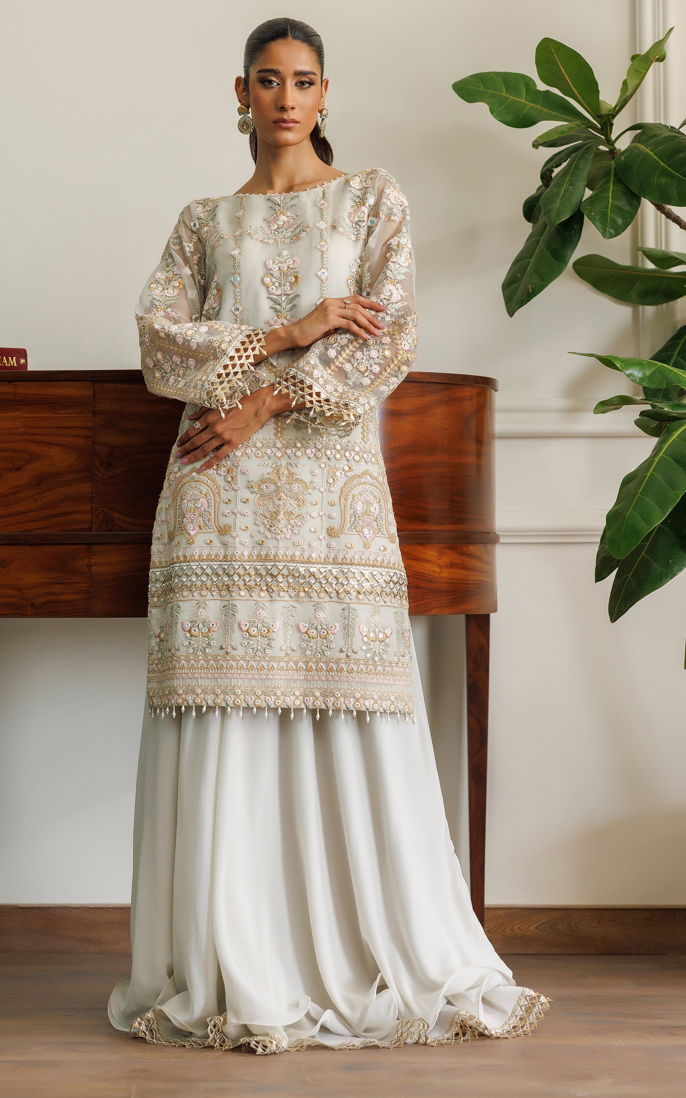 Organza Embroidered Shirt With Skirt