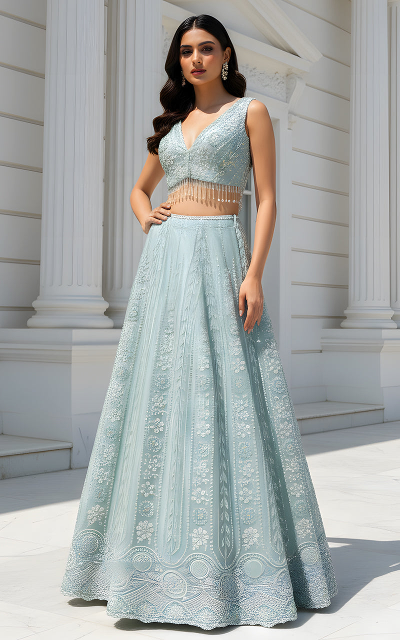 Net Embroidered Blouse With Cape And Lehenga