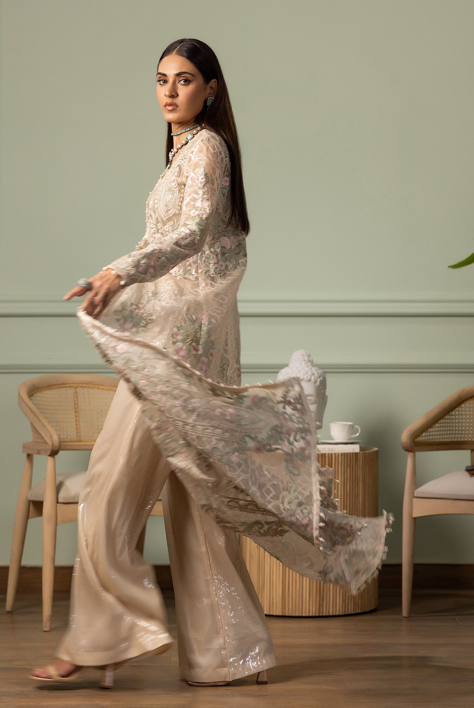 Unstitched The Ivory Flora Long Jacket Set