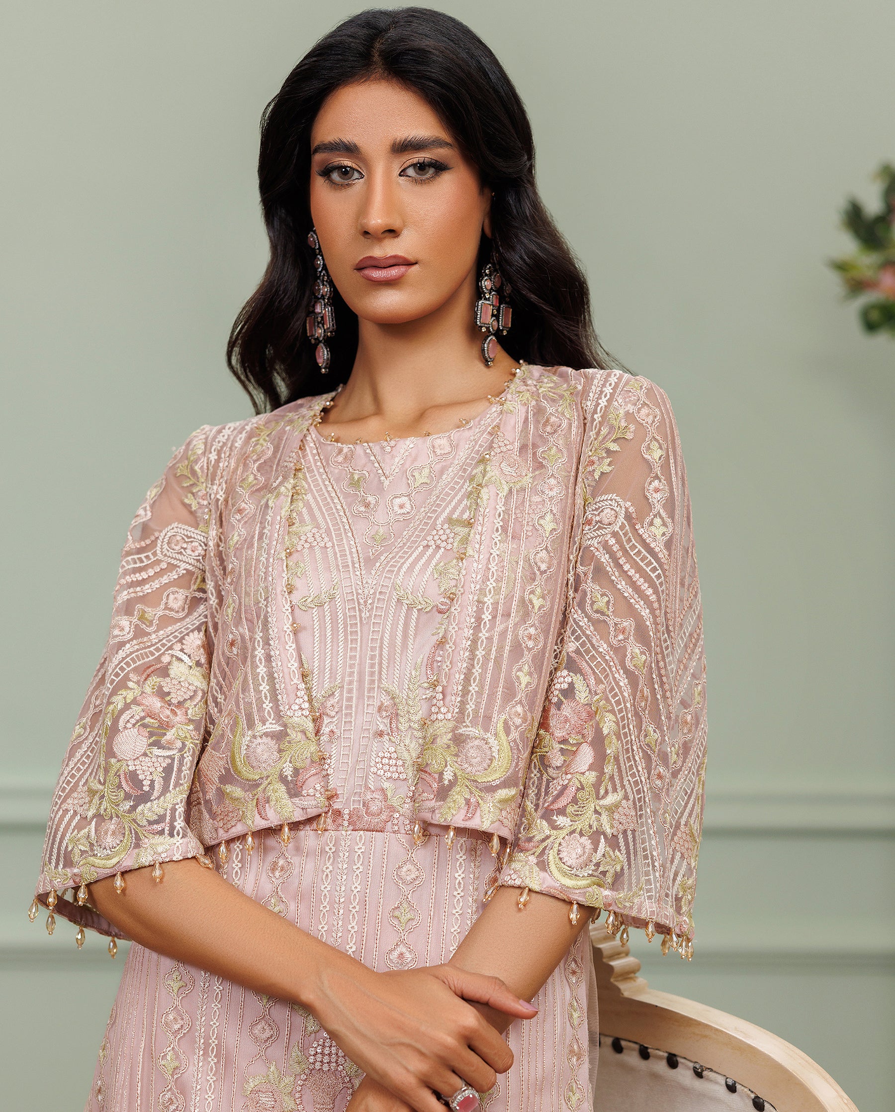 Unstitched Dusty Mauve Embroidered Net Ensemble